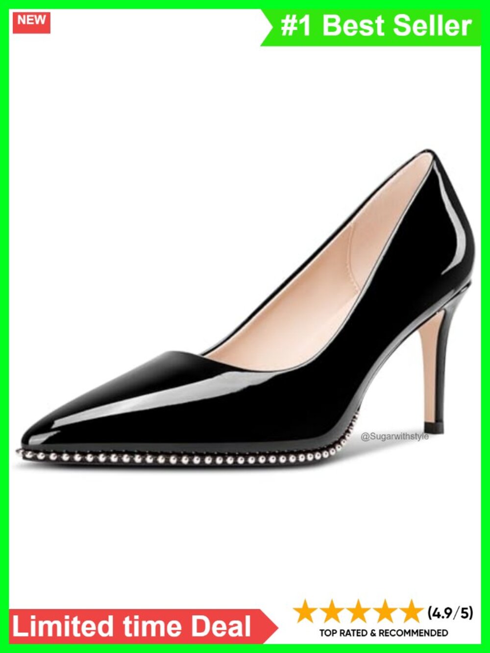 Women Beaded Pumps Pointed Toe Slip On Stiletto Mid Heels Dress Party Patent